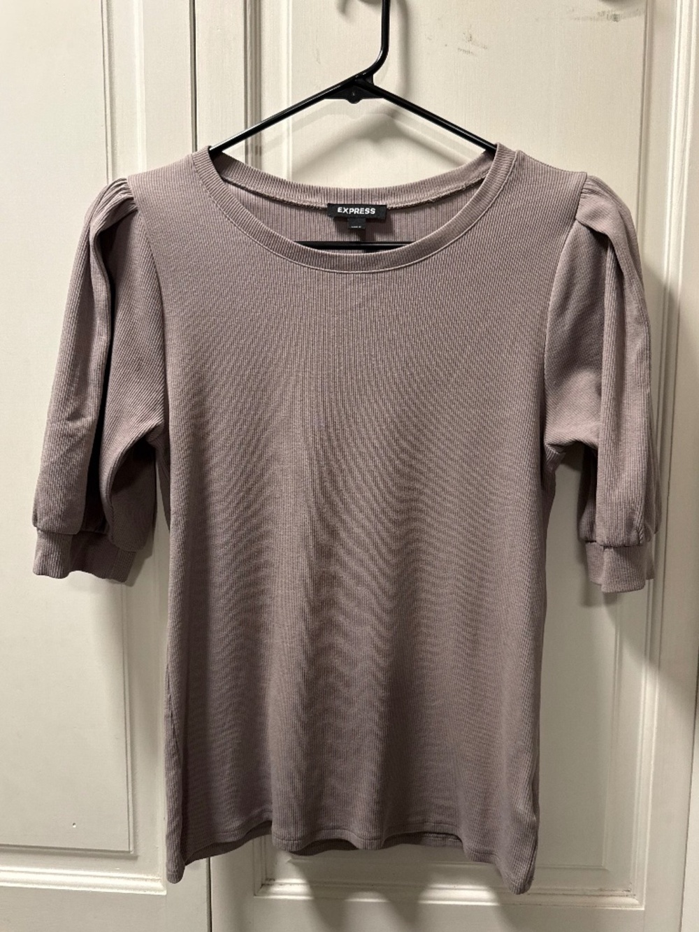 Express Puff Sleeve Ribbed Knit Top Taupe Size M